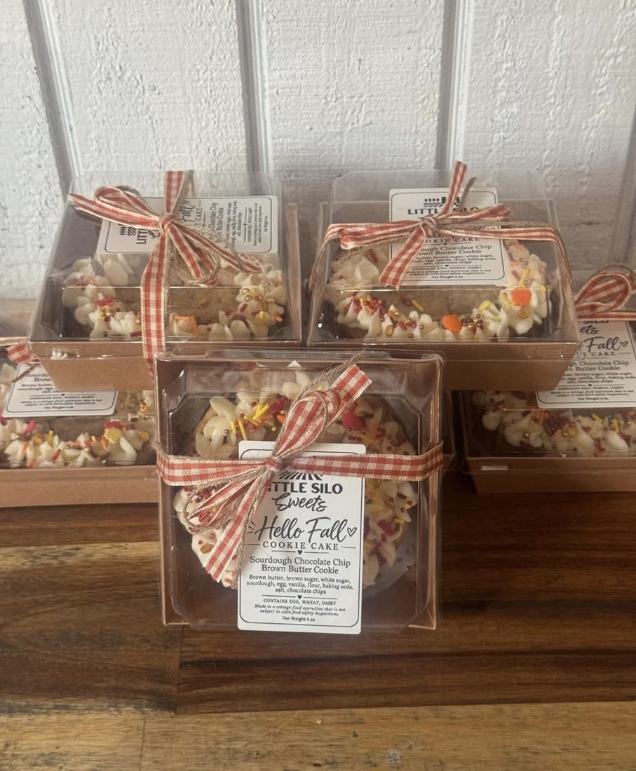 Hello Fall sourdough mini chocolate chip cookie cakes in kraft boxes with buttercream icing, Fall sprinkles and gingham ribbon