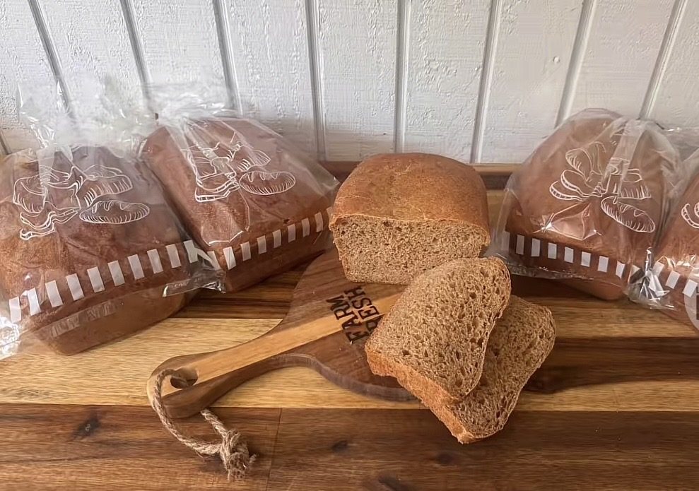 Loaves of fresh-milled organic bread, one sliced on a wooden board