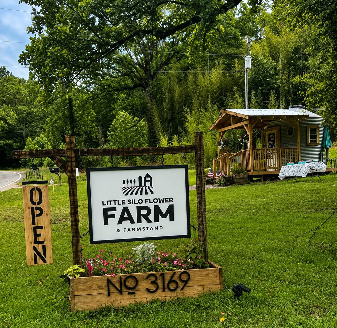 The Little Silo Flower Farm sign and OPEN sign by the road at No. 3169, with the silo stand behind